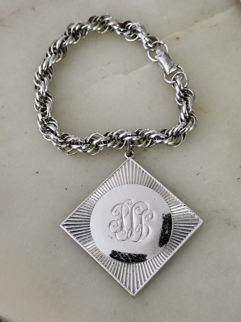 Vtg Coro Silver-Tone Engraved Medallion Charm Bracelet